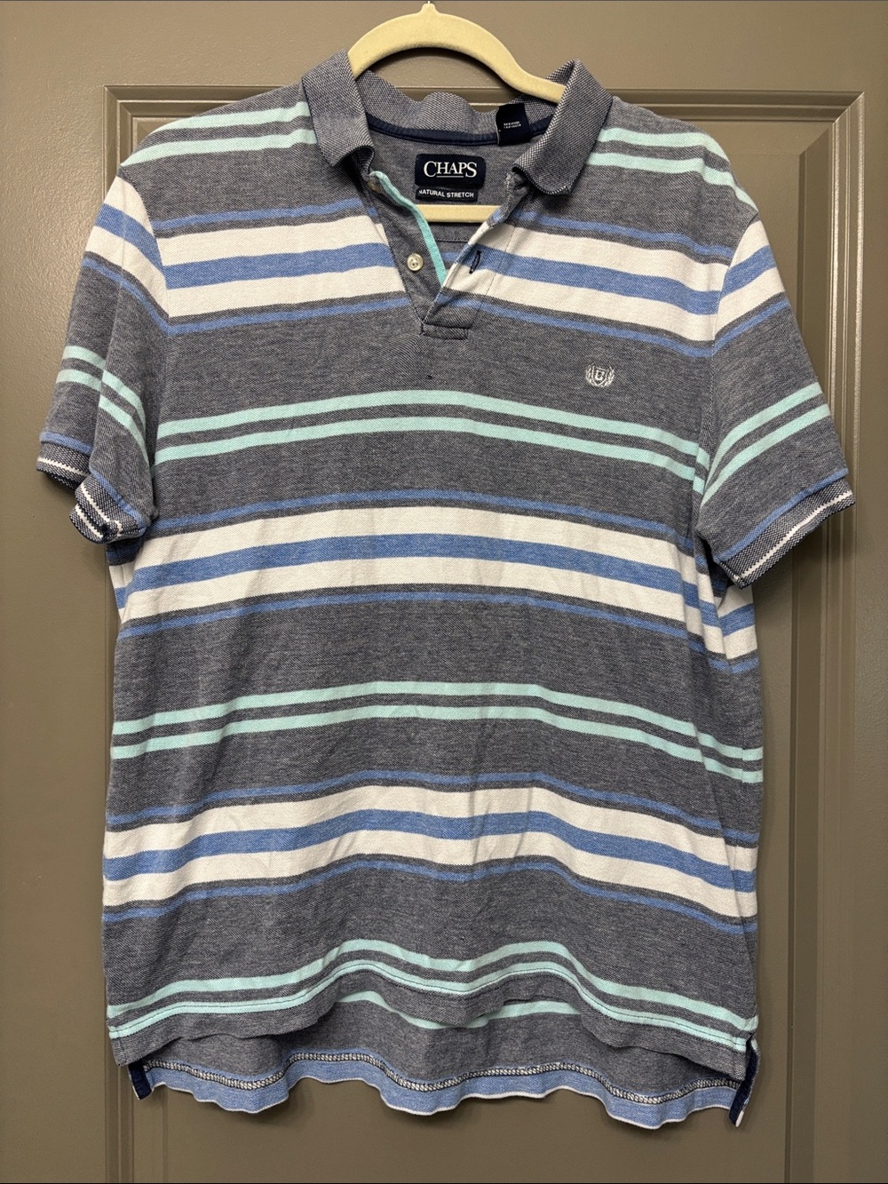 Chaps Men's Gray Polo with Blue and Mint Stripes